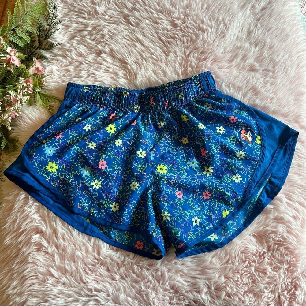 Bucees Blue Colorful Tropical Floral Logo Athletic Running Shorts‎ W/ Liner Sz S
